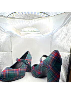 Comfort Plaid Mary Jane Block Heel Pointed Toe Fabric Buckle Strap 8W